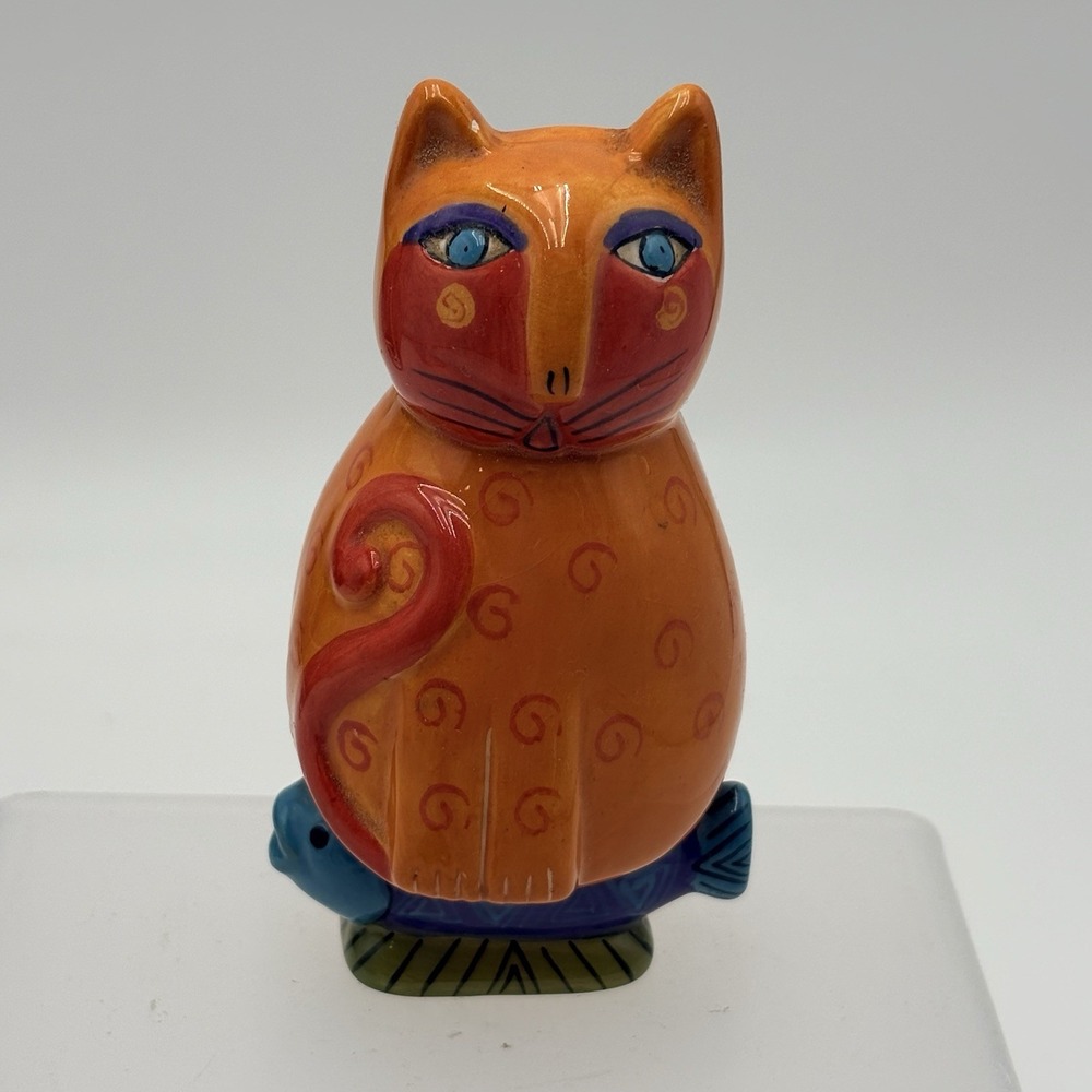 Laurel Burch Hand Painted Cat Fish Bud Vase Weed Pot Signed Orange 4" VTG
